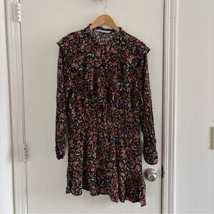 ZARA Women’s Floral Ruffle Long Sleeve Mini Dress Size XL –Black Multicolor Boho